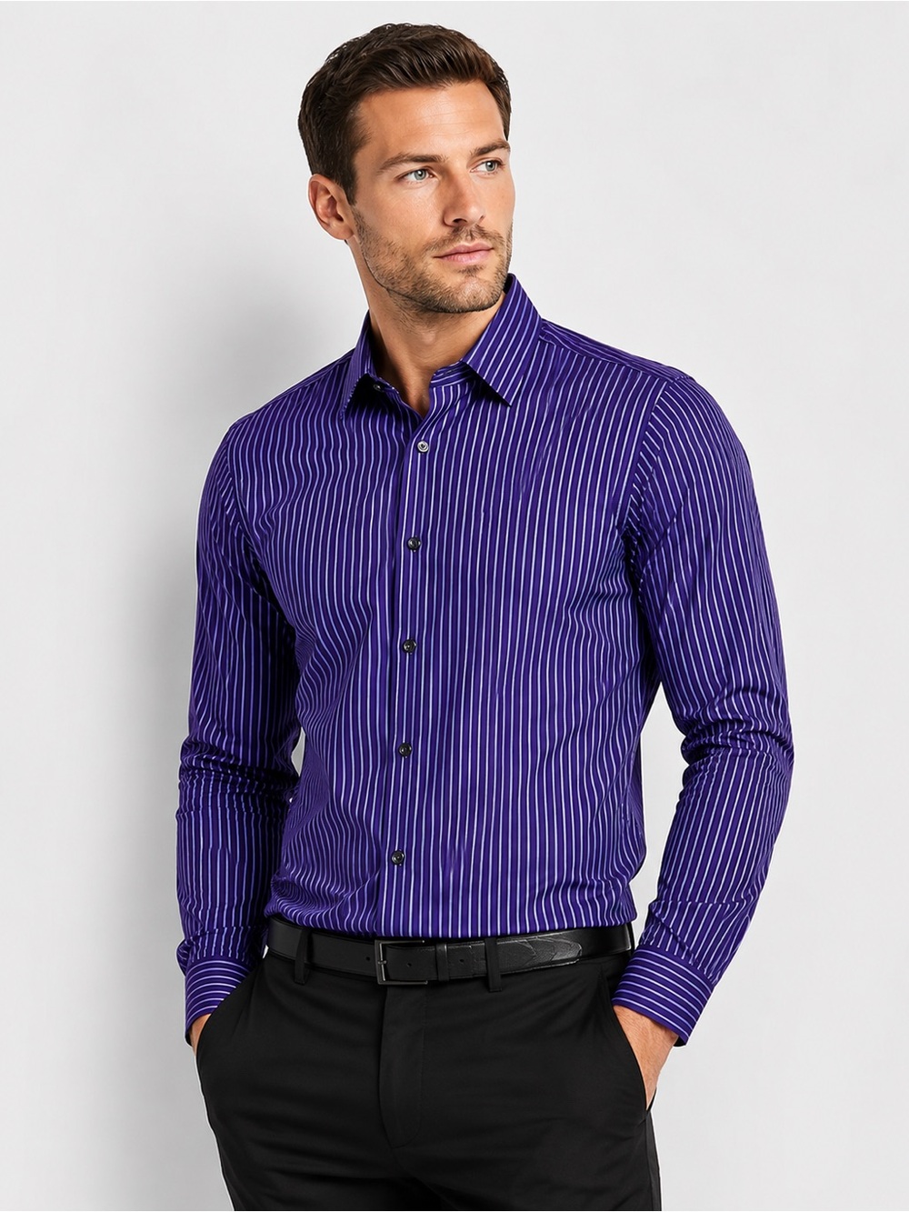 Express 1MX Modern Fit Purple Striped Dress Shirt Stretch Cotton Men’s Small